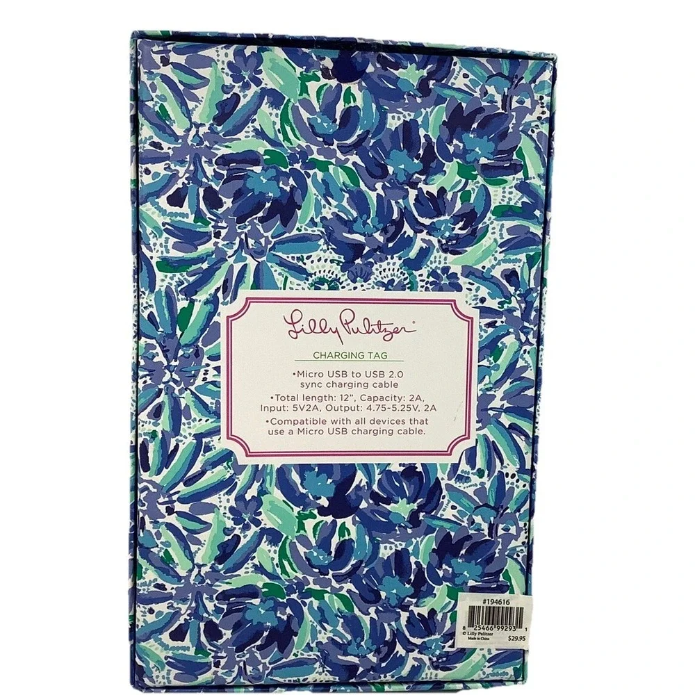 Lilly Pulitzer Charging Tag Cable Micro USB -USB 2.0. + Keychain NEW Cute Blue